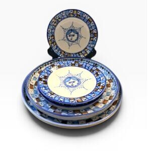 Hand Painted Artisan Sun Face Ceramic Dinnerware Set 5 Piece